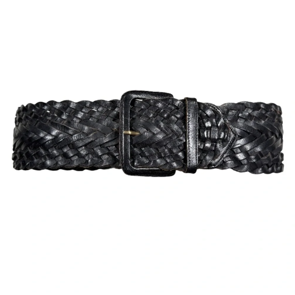OMEGA | Vintage Wide Black Leather Braided Cinch Belt Boho Western Coastal Beach